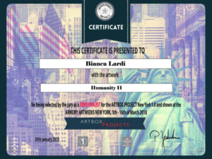 Halbfinalisten-Zertifikat von Artbox Projects für die Künstlerin Bianca Lardi