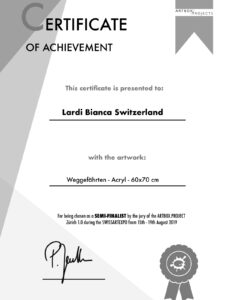 Halbfinalisten-Zertifikat von Artbox Projects für die Künstlerin Bianca Lardi