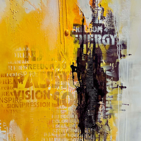 Abstraktes Mixed-Media Kunstwerk mit Struktur, Schrift und Gelbtönen - Offenes Atelier von biancaneve Art & Design