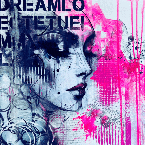 Mixed-Media Portraitkunst mit Gesichtsmotiv und leuchtenden Farben