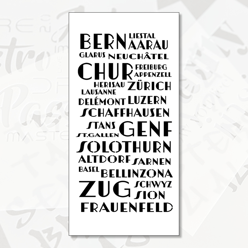 Schablone "Hauptstädte CH" Schablone Hauptstädte CH mit typografischem Motiv der Kantonshauptstädte der Schweiz