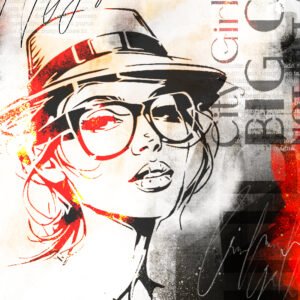 Mockup der Schablone City Girl mit gespraytem Frauenmotiv auf Leinwand.