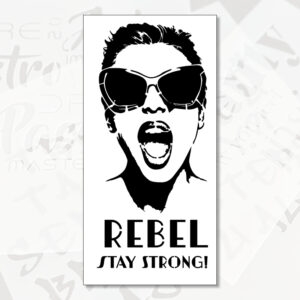 Schablone Rebel Girl mit rebellischem Frauenmotiv und Schriftelementen.